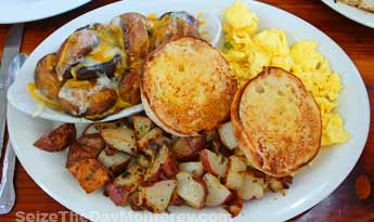 The Mushroom Caps at First Awakenings Just Off the Recreational Trail are fantastic.  One of our favorite breakfast spots in all of Monterey 